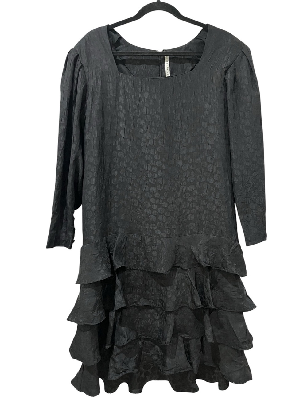 Stanley Platos Vintage Sz14 Black Silk Ruffled Tiered Long-Sleeve Dress, Lined